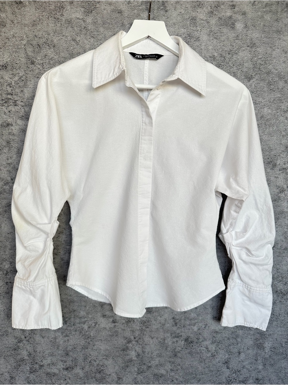 ZARA White Cotton Ruched Sleeve Button-Up Shirt XS